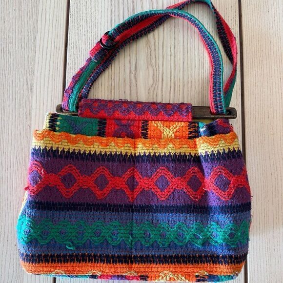 Vintage Handbags - Toby Weston Vintage Aztec native inspired Western Print knit w/wood handle purse